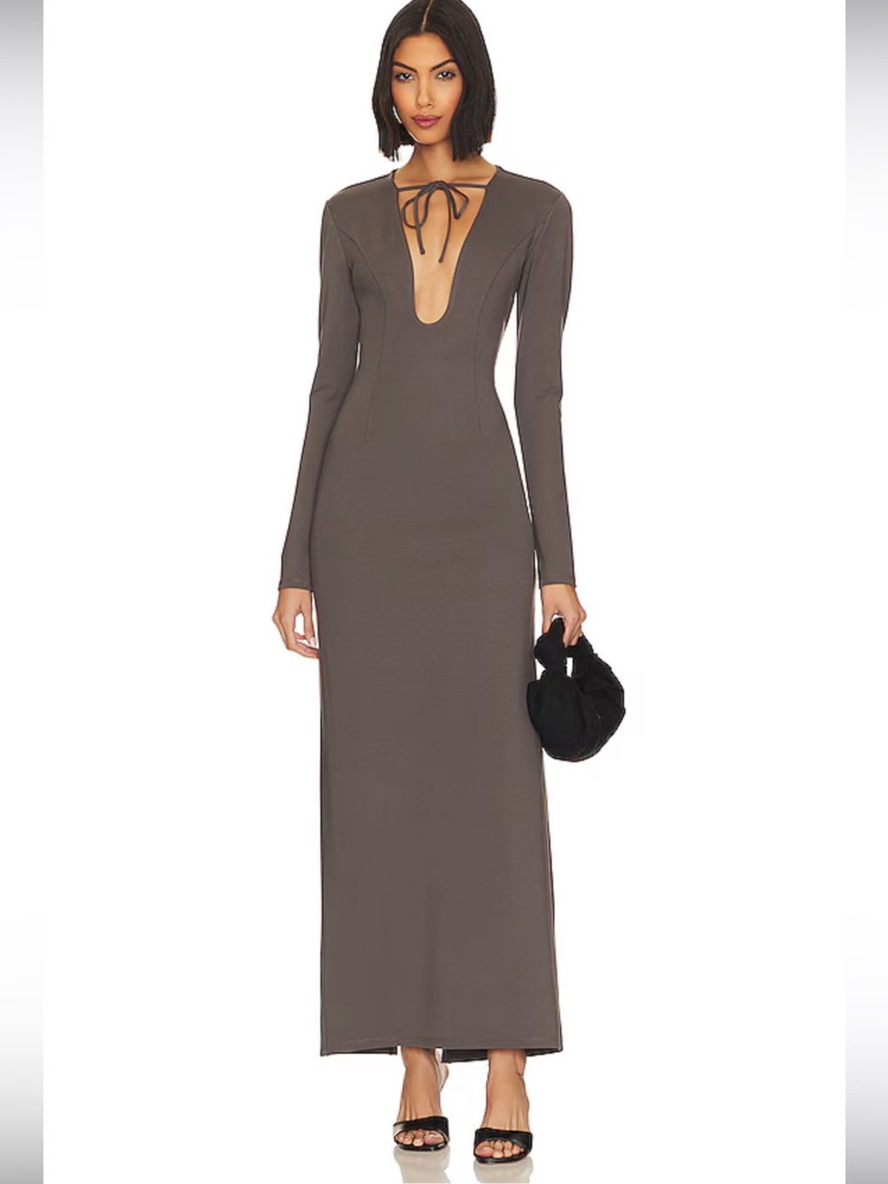 LPA Taupe Long Sleeve Maxi Dress with Deep V Tie Neck